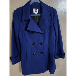 Anne Klein Blue Wool Blend Peacoat Size Large | Double Breasted Flared Hem Coat